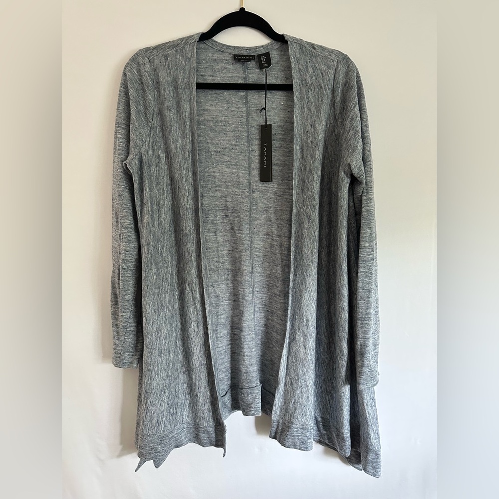 Tahari 100% Linen Long Sleeve Open Cardigan Blue  Low Side Slits M New